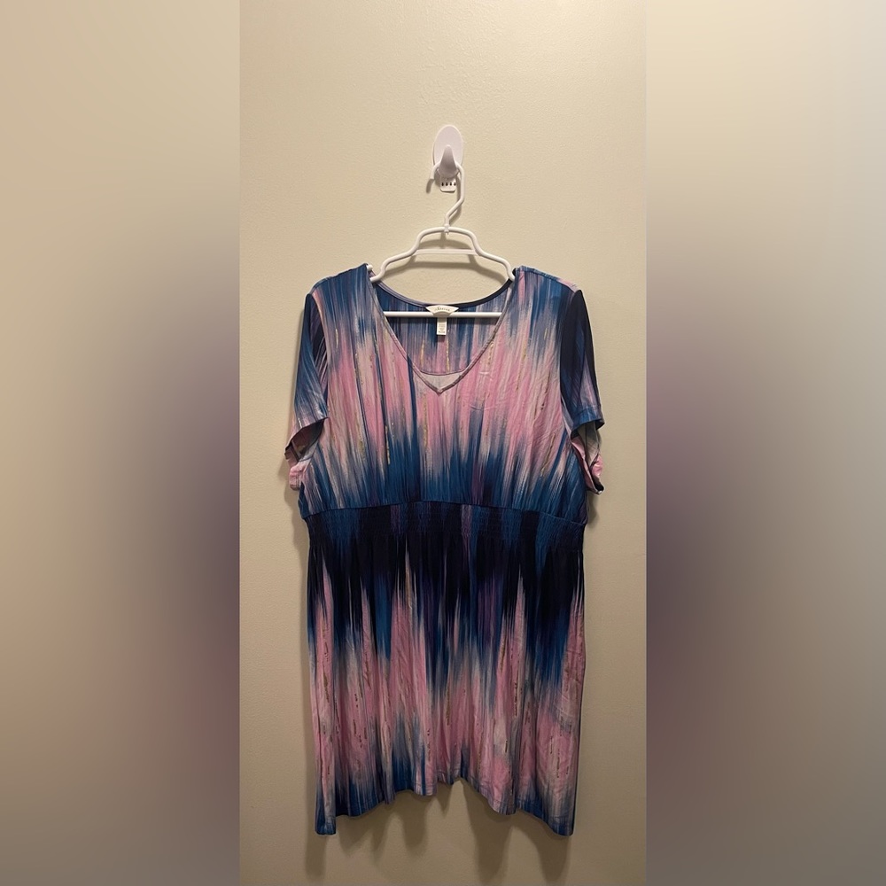 Soma Short Sleeve Empire Scarf Hem Ikat Painted Gold Tunic Size 2XL